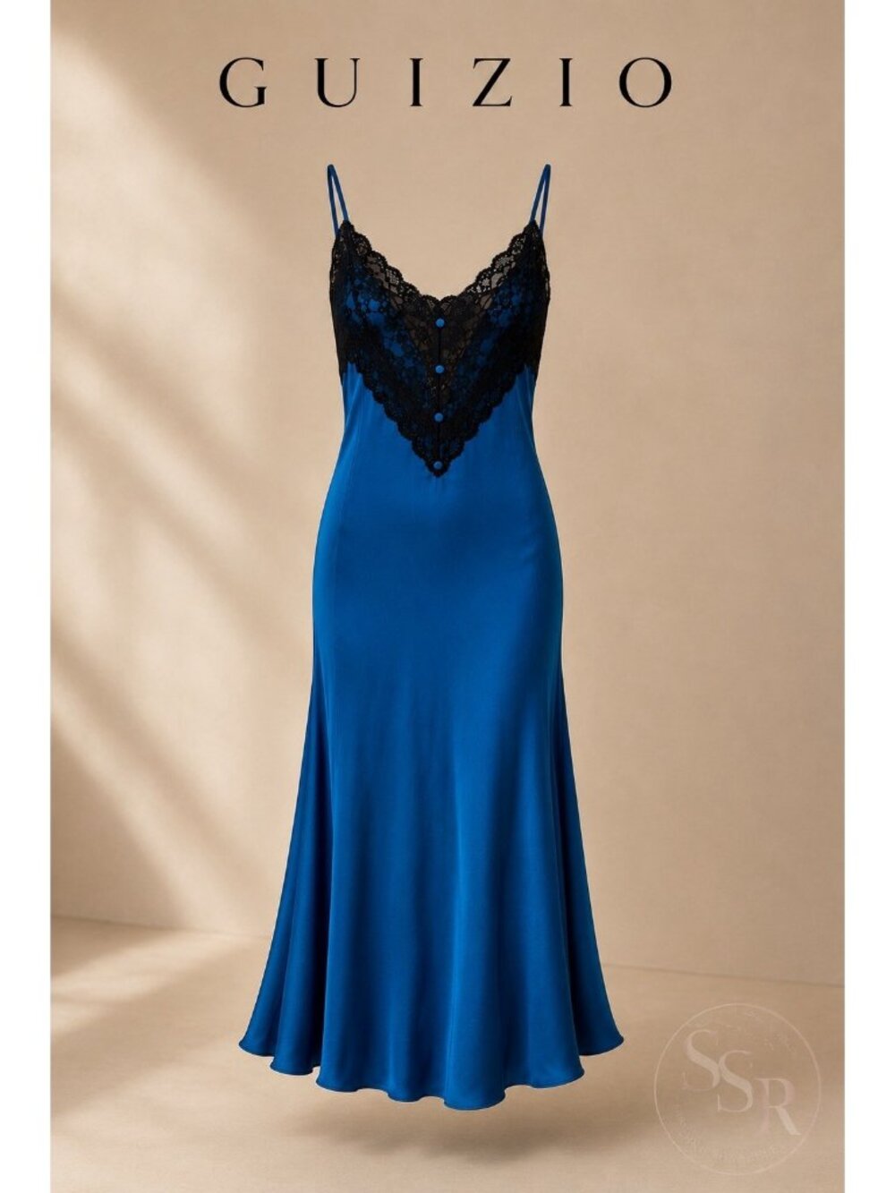 GUIZIO Nova Blue Lace Slip Dress Size S Midi Viscose Satin Cami Dress